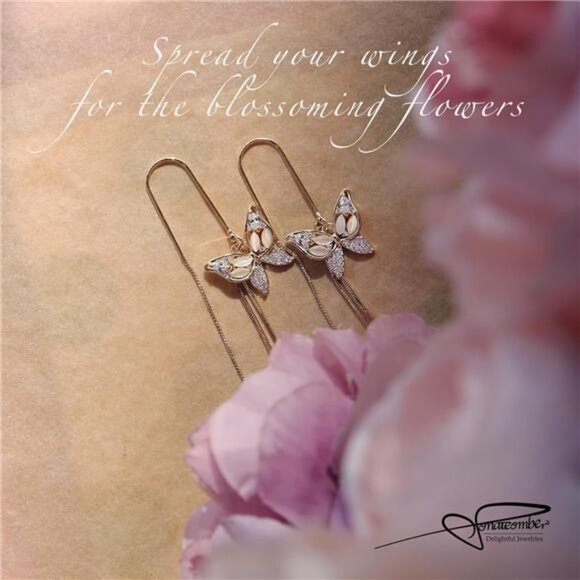 Long Gold Threader Tassel Earrings Dainty Rhinestone Butterfly Heart Drop Jewel - Picture 6 of 7